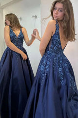 Navy Prom Dress Floral V-Neck Formal Dress With Lace