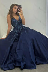 Navy Prom Dress Floral V-Neck Formal Dress With Lace