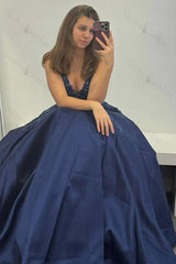 Navy Prom Dress Floral V-Neck Formal Dress With Lace