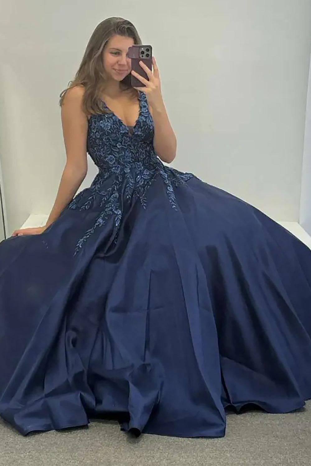 Navy Prom Dress Floral V-Neck Formal Dress With Lace