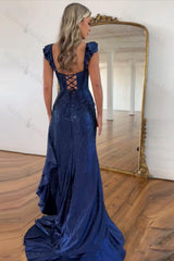 Navy Prom Dress Mermaid Corset Asymmetrical Formal Dress With Ruffles