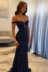 Navy Prom Dress Off The Shoulder Mermaid Long Lace Formal Dress