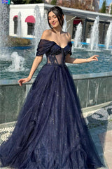 Navy Prom Dress Off the Shoulder Sweetheart Mermaid Long Evening Formal Dress With Appliques