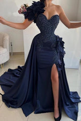 Navy Prom Dress One Shoulder Sleeveless Panel Train Satin Formal Dress With 3D Flowers