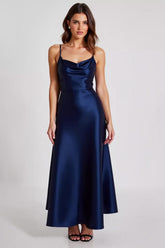 Navy Prom Dress Satin A Line Spaghetti Straps Long Formal Dress
