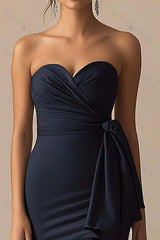 Navy Prom Dress Satin Long Sweetheart Mermaid Ruched Formal Dress With Slit