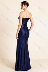 Navy Prom Dress Sequin Strapless Long Mermaid Formal Dress With Slit