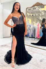 Navy Prom Dress Sweetheart Corset Beaded Long Formal Dress With Slit