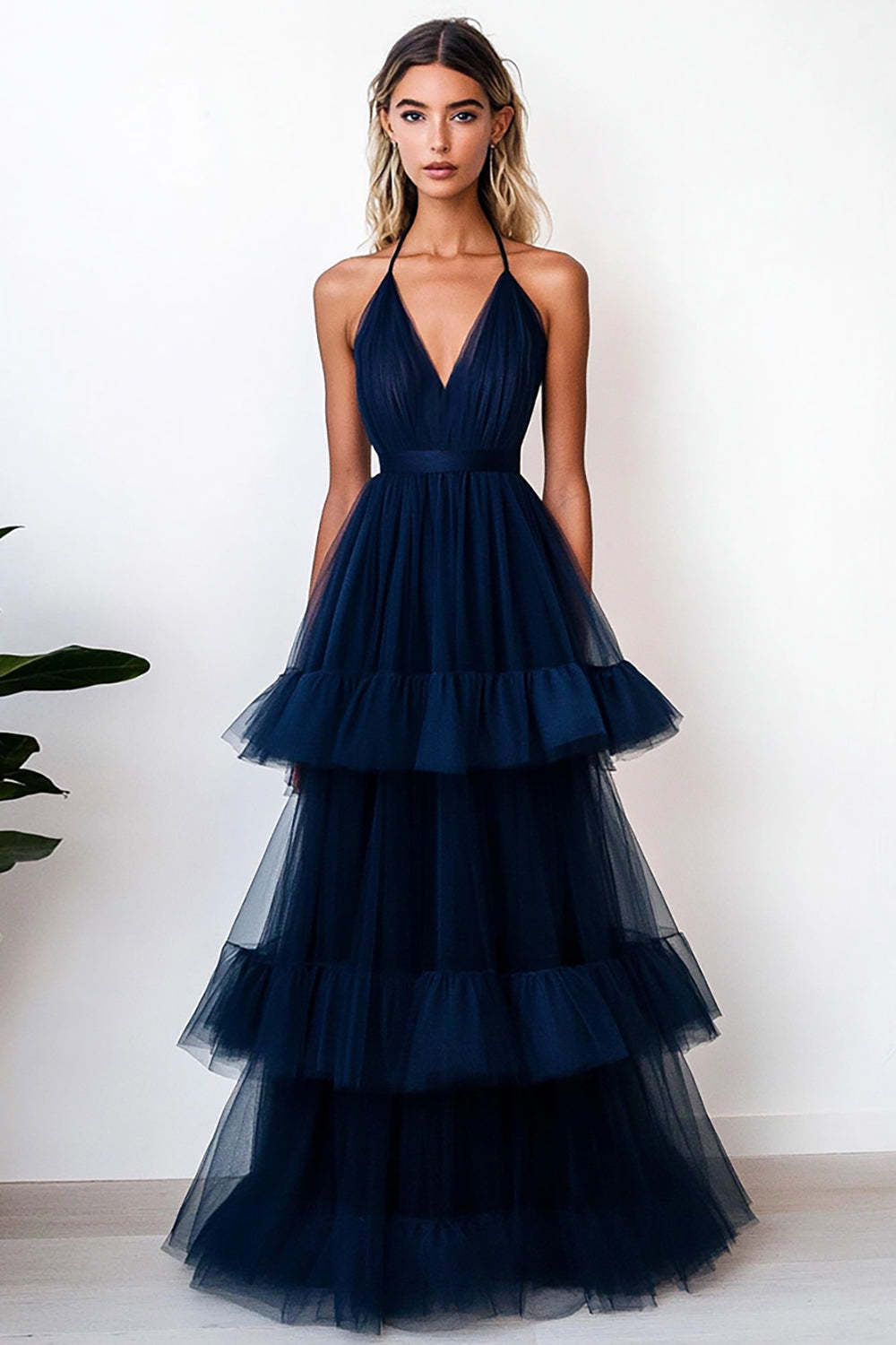 Suzhoufashion Navy Prom Dress Tulle Halter Long A Line Tiered Formal Dress With Ruffles suzhoufashion Suzhoufashion Navy Prom Dress Tulle Halter Long A Line Tiered Formal Dress With Ruffles suzhoufashion