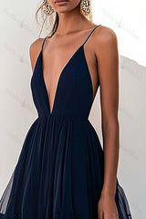 Navy Prom Dress Tulle Spaghetti Straps Tiered A Line Long Formal Dress