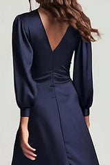 Suzhoufashion Navy V-Neck Satin Backless Ruched Midi Prom Dress With Sleeves