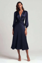 Suzhoufashion Navy V-Neck Satin Backless Ruched Midi Prom Dress With Sleeves