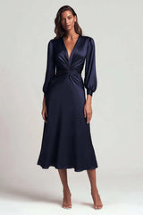 Suzhoufashion Navy V-Neck Satin Backless Ruched Midi Prom Dress With Sleeves