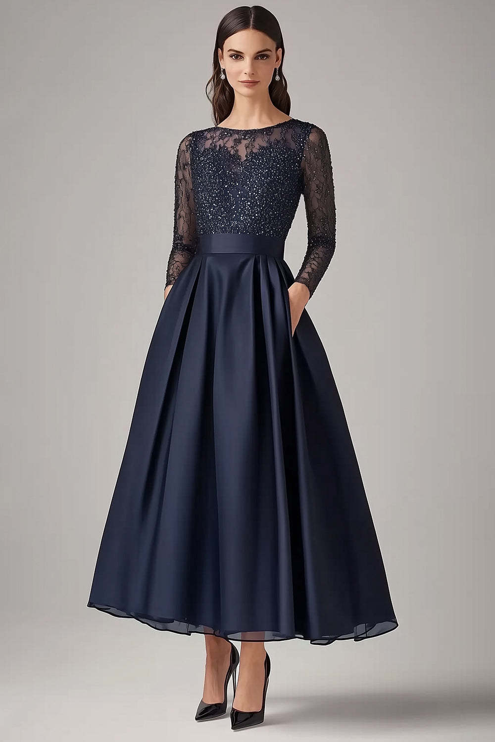 Suzhoufashion Navy Wedding Guest Dress Beaded A Line Long Sleeves Formal Dress With Lace suzhoufashion Suzhoufashion Navy Wedding Guest Dress Beaded A Line Long Sleeves Formal Dress With Lace suzhoufashion