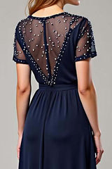 Navy Wedding Guest Dress Chiffon Deep V-Neck Long Formal Dress