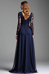 Navy Wedding Guest Dress Chiffon V-Neck Long Formal Dress With Long Sleeves