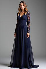 Navy Wedding Guest Dress Chiffon V-Neck Long Formal Dress With Long Sleeves