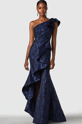 Navy Wedding Guest Dress One Shoulder Mermaid Long Formal Dress With Ruffles