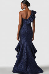 Navy Wedding Guest Dress One Shoulder Mermaid Long Formal Dress With Ruffles