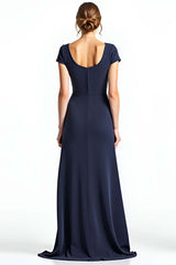 Navy Wedding Guest Dress Square Neck Long Formal Dress With Bowknot