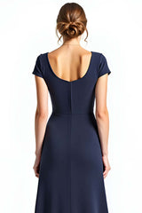 Navy Wedding Guest Dress Square Neck Long Formal Dress With Bowknot