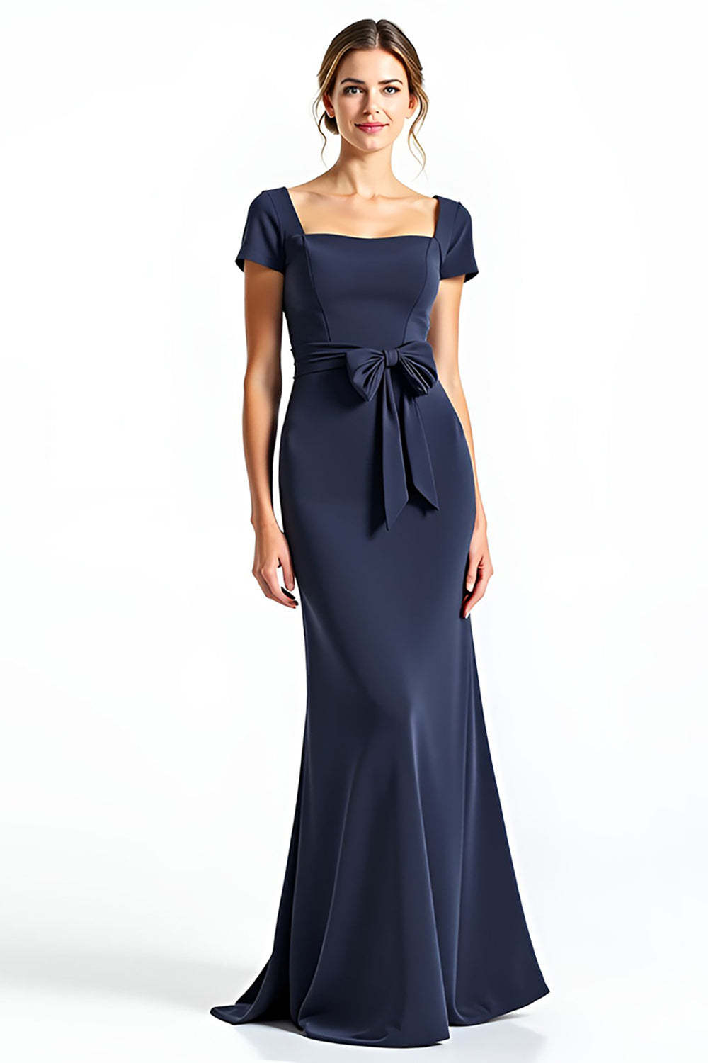 Suzhoufashion Navy Wedding Guest Dress Square Neck Long Formal Dress With Bowknot