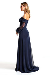 Navy Wedding Guest Dress Sweetheart Long Sheer Sleeves Formal Dress With Ruffles