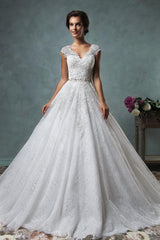New Arrival A-Line Applique Wedding Dress Cap Sleeve Court Train Princess Dress