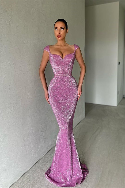New Arrival Cap Sleeves Sequins Mermaid Evening Dress Long Sweetheart