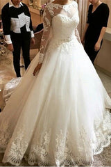 New Arrival Long Sleeve Lace Bridal Gown A-line Scoop Court Train Wedding Dresses