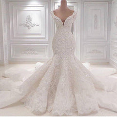 New Arrival Mermaid Sleeveless Wedding Dresses Online | Elegant V-Neck Lace Crystal Bridal Gowns