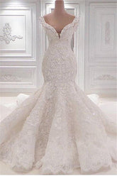 New Arrival Mermaid Sleeveless Wedding Dresses Online | Elegant V-Neck Lace Crystal Bridal Gowns