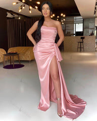 New Arrival Pink Strapless Pleated Evening Prom Dresses Mermaid Long With Slit