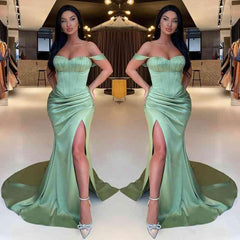 New Arrival Sage Green Off-the-Shoulder Evening Prom Dresses Mermaid Slit