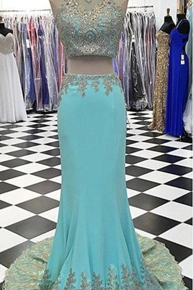 New Arrival Two Piece Mermaid Prom Dress Crystal Sleeveless Long Evening Gowns
