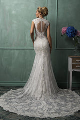 New Arrival V-Neck Lace Mermaid Beach Wedding Dress Cap Sleeve Custom Made Bridal Gown