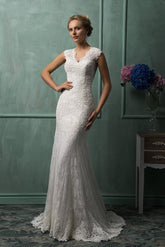 New Arrival V-Neck Lace Mermaid Beach Wedding Dress Cap Sleeve Custom Made Bridal Gown
