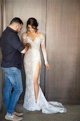 New Full Lace Split Beach Wedding Dresses Illusion Back Bridal Gowns with Detachable Satin Skirt