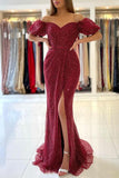 Noble Off The Shoulder Front-Split Ruby Sequins Mermaid Prom Dresses