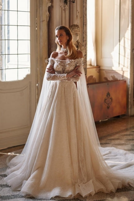 Noble Stinning Off-the-Shoulder Long Sleevess Long Lace Bridal Dress Beadings Noble Stinning Off-the-Shoulder Long Sleevess Long Lace Bridal Dress Beadings