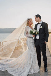 Noble vneck longsleeves mermaid lace Bridal Gowns