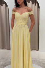 Off Shoulder Chiffon A Line Prom Dress with Lace Bodice and Side Slit