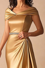 Off The Shoulder A Line Gold Long Formal Dress