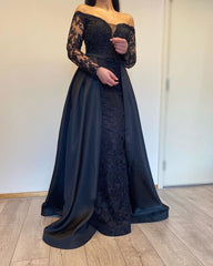 Off The Shoulder Black Long Sleeves Lace A-Line Prom Dresses