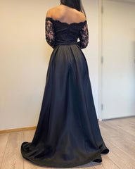 Off The Shoulder Black Long Sleeves Lace A-Line Prom Dresses
