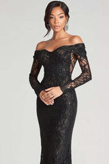 Off The Shoulder Black Wedding Guest Dress Sheath Formal Dress With Lace Long Sleeves