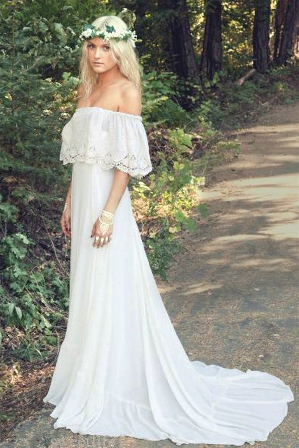 Off The Shoulder Bohemian Beach Wedding Dresses Lace Summer Beach Wedding Gown BO6883