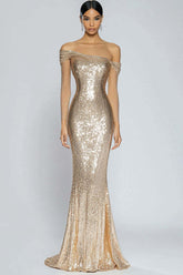 Off The Shoulder Champagne Wedding Guest Dress Mermaid Off The Shoulder Long Formal Dress