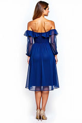 Off The Shoulder Chiffon Royal Blue Wedding Guest Dress Knee-Length Formal Dress