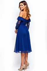 Off The Shoulder Chiffon Royal Blue Wedding Guest Dress Knee-Length Formal Dress